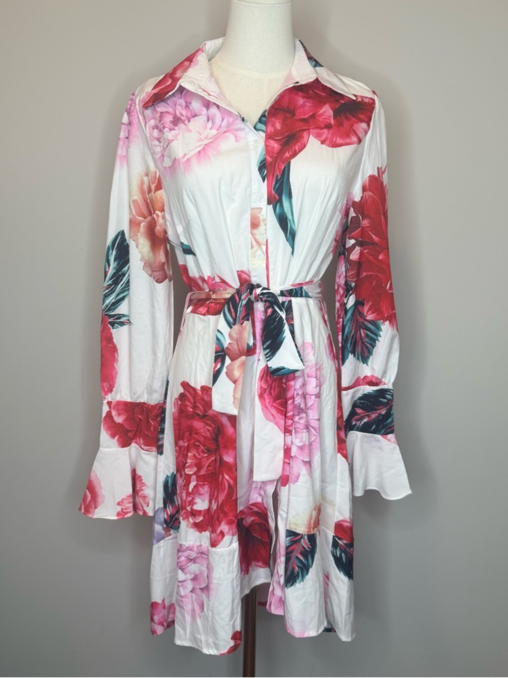 Eterna White Midi Dress with Red and Pink Floral Print